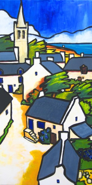 Painting titled "Un village en bord…" by Guy Terrier, Original Artwork, Acrylic