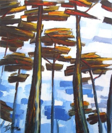 Painting titled "Sous les pins, bleu" by Guy Terrier, Original Artwork, Oil