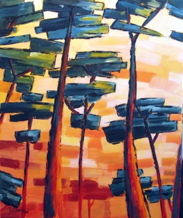 Pittura intitolato "Sous les pins, rouge" da Guy Terrier, Opera d'arte originale, Olio