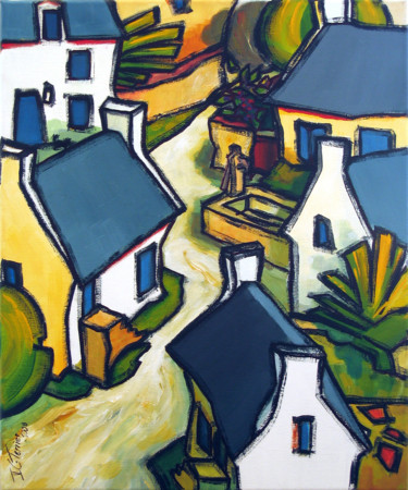 Painting titled "Dans un village I" by Guy Terrier, Original Artwork, Acrylic Mounted on Wood Stretcher frame