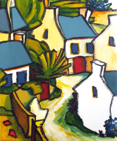 Malerei mit dem Titel "Dans un village II" von Guy Terrier, Original-Kunstwerk, Acryl