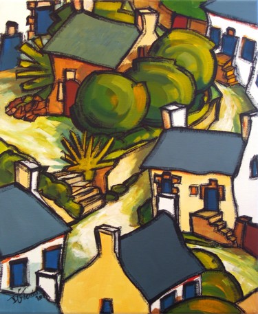 Painting titled "Dans un village III" by Guy Terrier, Original Artwork, Acrylic
