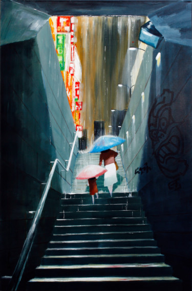 Painting titled "Tokyo, à la sortie…" by Guy Terrier, Original Artwork, Acrylic Mounted on Wood Stretcher frame