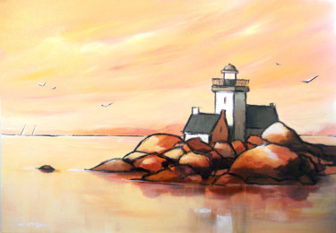 Painting titled "Un phare à l'aube" by Guy Terrier, Original Artwork, Acrylic