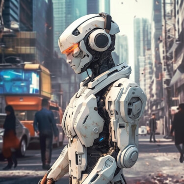 Digital Arts titled "Robot in Streets 3" by Guze, Original Artwork, AI generated image