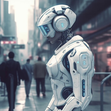 Digital Arts titled "Robot in Streets 4" by Guze, Original Artwork, AI generated image