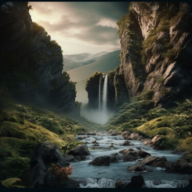 Digital Arts titled "Waterfall 3" by Guze, Original Artwork, AI generated image