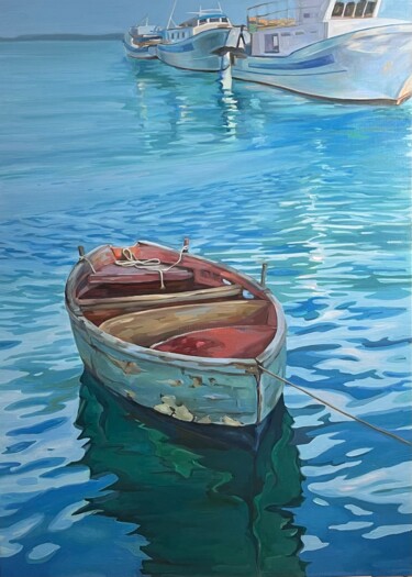 Painting titled "Sea, boat, ships" by Guzel Min, Original Artwork, Oil