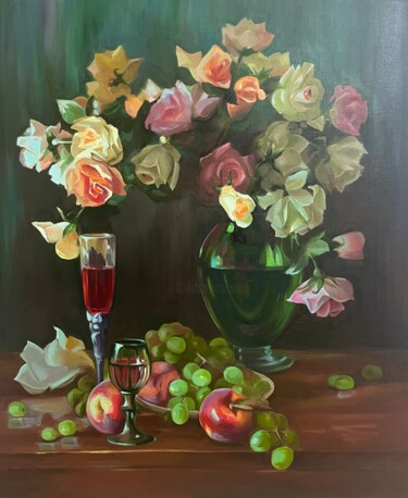 Painting titled "Rose fruit and wine" by Guzel Min, Original Artwork, Oil