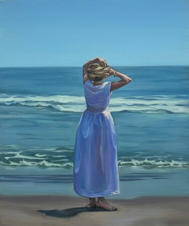 Painting titled "Girl by the sea" by Guzel Min, Original Artwork, Oil Mounted on Wood Stretcher frame