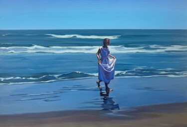 Painting titled "Walk by the ocean.…" by Guzel Min, Original Artwork, Oil