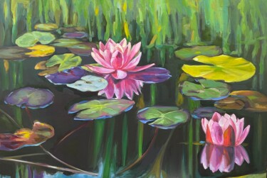 Painting titled "Colorful pond water…" by Guzel Min, Original Artwork, Oil Mounted on Wood Stretcher frame
