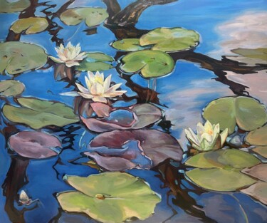 Painting titled "Sky lilies. Water l…" by Guzel Min, Original Artwork, Oil Mounted on Wood Stretcher frame