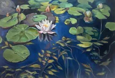 Painting titled "Water lilies at sun…" by Guzel Min, Original Artwork, Oil Mounted on Wood Stretcher frame