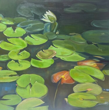 Painting titled "Green lilies pond" by Guzel Min, Original Artwork, Oil