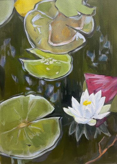 Painting titled "Pond lily" by Guzel Min, Original Artwork, Tempera
