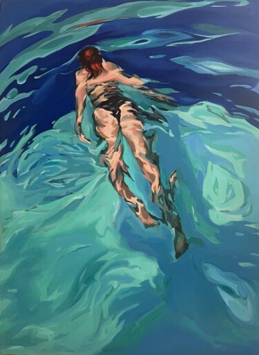 Painting titled "Girl in the pool" by Guzel Min, Original Artwork, Oil Mounted on Wood Panel