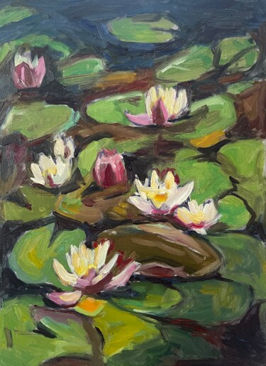Painting titled "Summer. Water lilies" by Guzel Min, Original Artwork, Oil