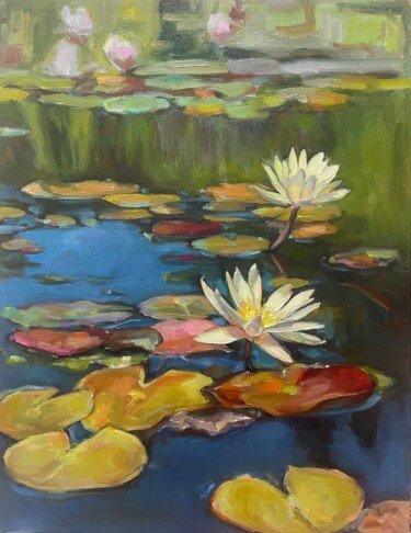 Painting titled "Water lilies" by Guzel Min, Original Artwork, Oil Mounted on Wood Panel