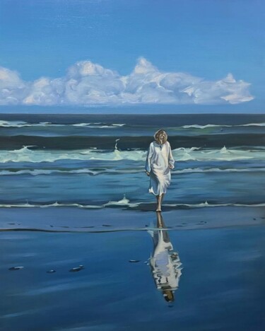 Painting titled "Blue ocean and wome…" by Guzel Min, Original Artwork, Oil