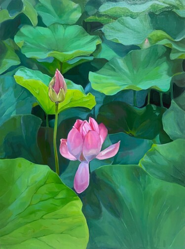 Ζωγραφική με τίτλο "Lotuses. Pond. Time…" από Guzel Min, Αυθεντικά έργα τέχνης, Λάδι