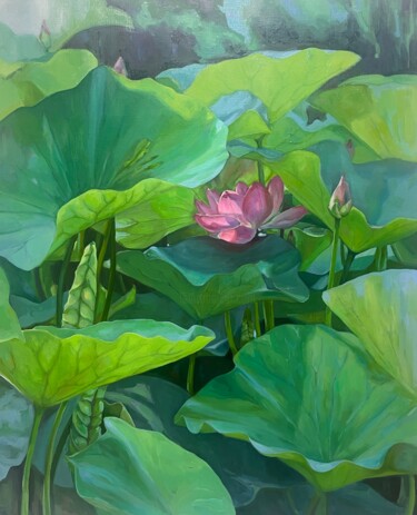 Painting titled "Blooming lotuses. M…" by Guzel Min, Original Artwork, Oil Mounted on Wood Panel