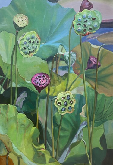 Painting titled "Lotus pond. Seeds p…" by Guzel Min, Original Artwork, Oil Mounted on Wood Stretcher frame