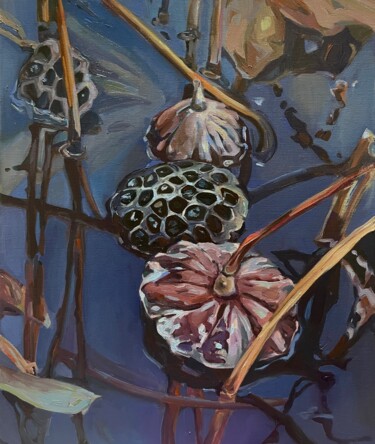 Pintura intitulada "Lotus pond.Winter.…" por Guzel Min, Obras de arte originais, Óleo Montado em Painel de madeira