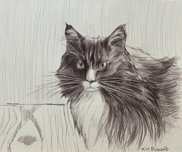 Malerei mit dem Titel "Cat. White and black" von Guzel Min, Original-Kunstwerk, Conté-Buntstifte