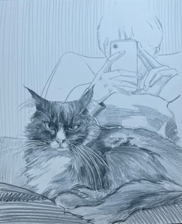 Painting titled "Cat. Thoughts on th…" by Guzel Min, Original Artwork, Pencil