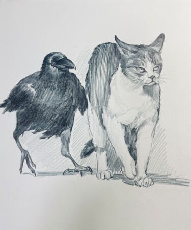 Schilderij getiteld "Cat and raven. Unwa…" door Guzel Min, Origineel Kunstwerk, Potlood