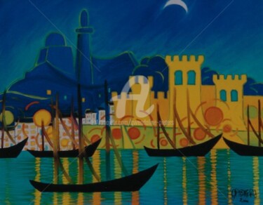 Peinture intitulée "Marseille la nuit" par Gwendoline Pieters, Œuvre d'art originale, Huile