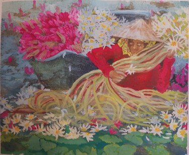 Malerei mit dem Titel "Lotus harvest" von Gwendolyn Jaafar, Original-Kunstwerk, Gouache