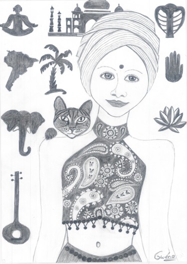 Dessin intitulée "Indienne riche de l…" par Gwenolee Mahe, Œuvre d'art originale, Crayon