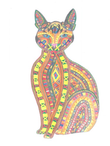 Dessin intitulée "Chat ethnique" par Gwenolee Mahe, Œuvre d'art originale, Crayon