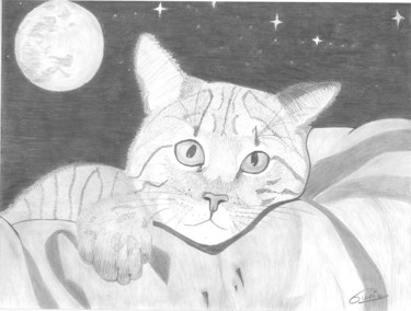 Dessin intitulée "Le chat pensif quan…" par Gwenolee Mahe, Œuvre d'art originale, Crayon