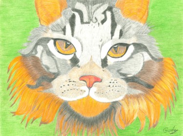 Dessin intitulée "Le chat-lion" par Gwenolee Mahe, Œuvre d'art originale, Crayon