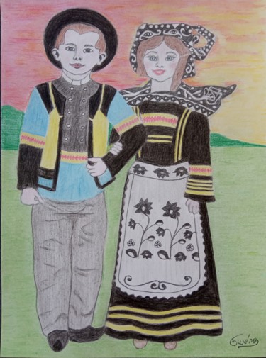 Dessin intitulée "Enfants bretons de…" par Gwenolee Mahe, Œuvre d'art originale, Crayon