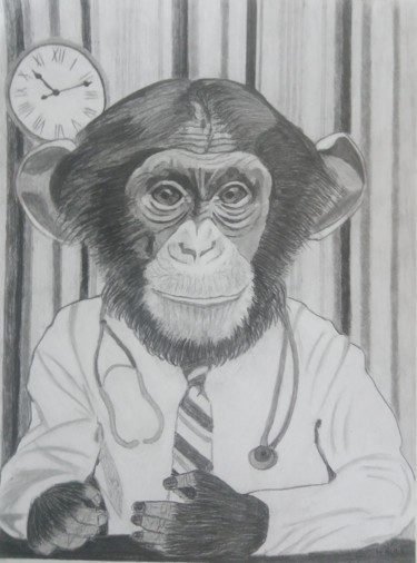 Dessin intitulée "Le singe, docteur." par Gwenolee Mahe, Œuvre d'art originale, Crayon