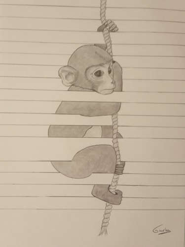 Dessin intitulée "Chimpanzé à la mani…" par Gwenolee Mahe, Œuvre d'art originale, Crayon