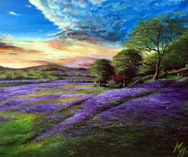 Painting titled "Lavender in the eve…" by Györgyi Miklós, Original Artwork, Acrylic Mounted on Wood Panel