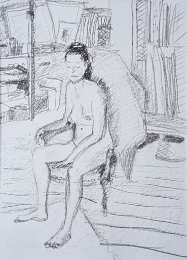Drawing titled "Nu assis dans l'ate…" by György Acs, Original Artwork, Charcoal