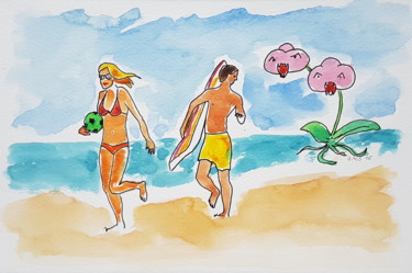 Painting titled "Couple sur plage po…" by György Acs, Original Artwork, Watercolor