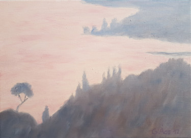 Peinture intitulée "Petit paysage rose-…" par György Acs, Œuvre d'art originale, Huile Monté sur Châssis en bois