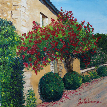 Painting titled "Rosier rouge - G.Pa…" by Gyslaine Pachet Micheneau, Original Artwork, Oil Mounted on Wood Stretcher frame