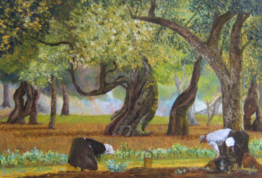 Peinture intitulée "La-cueillette-forma…" par Gyslaine Pachet Micheneau, Œuvre d'art originale, Huile Monté sur Châssis en b…