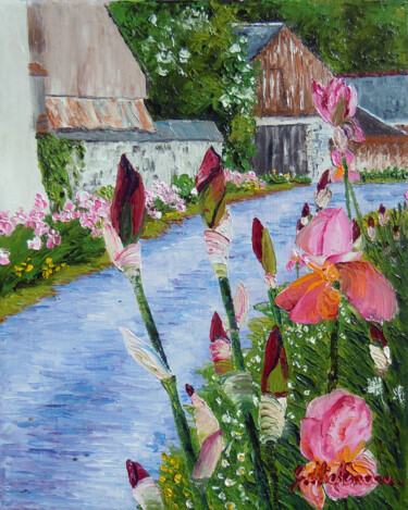 Painting titled "Les-iris -G.pachet…" by Gyslaine Pachet Micheneau, Original Artwork, Oil Mounted on Wood Stretcher frame