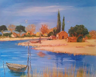 Painting titled "The Lake - Sold" by Houria, Original Artwork, Oil