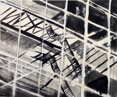 transparente Fassade vor Treppe Zeichnungen mit dem Titel "transparente Fassad…" von Hannes Hofstetter, Original-Kunstwerk, Tinte