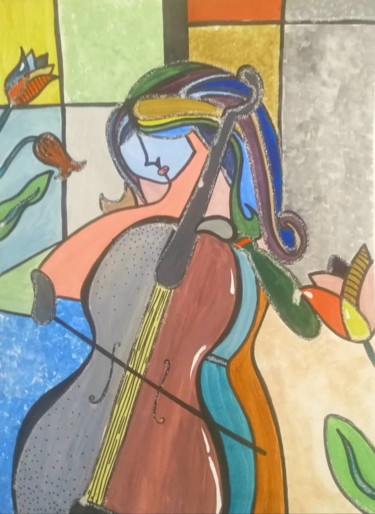 Drawing titled "Cello" by Habibos, Original Artwork, Gouache